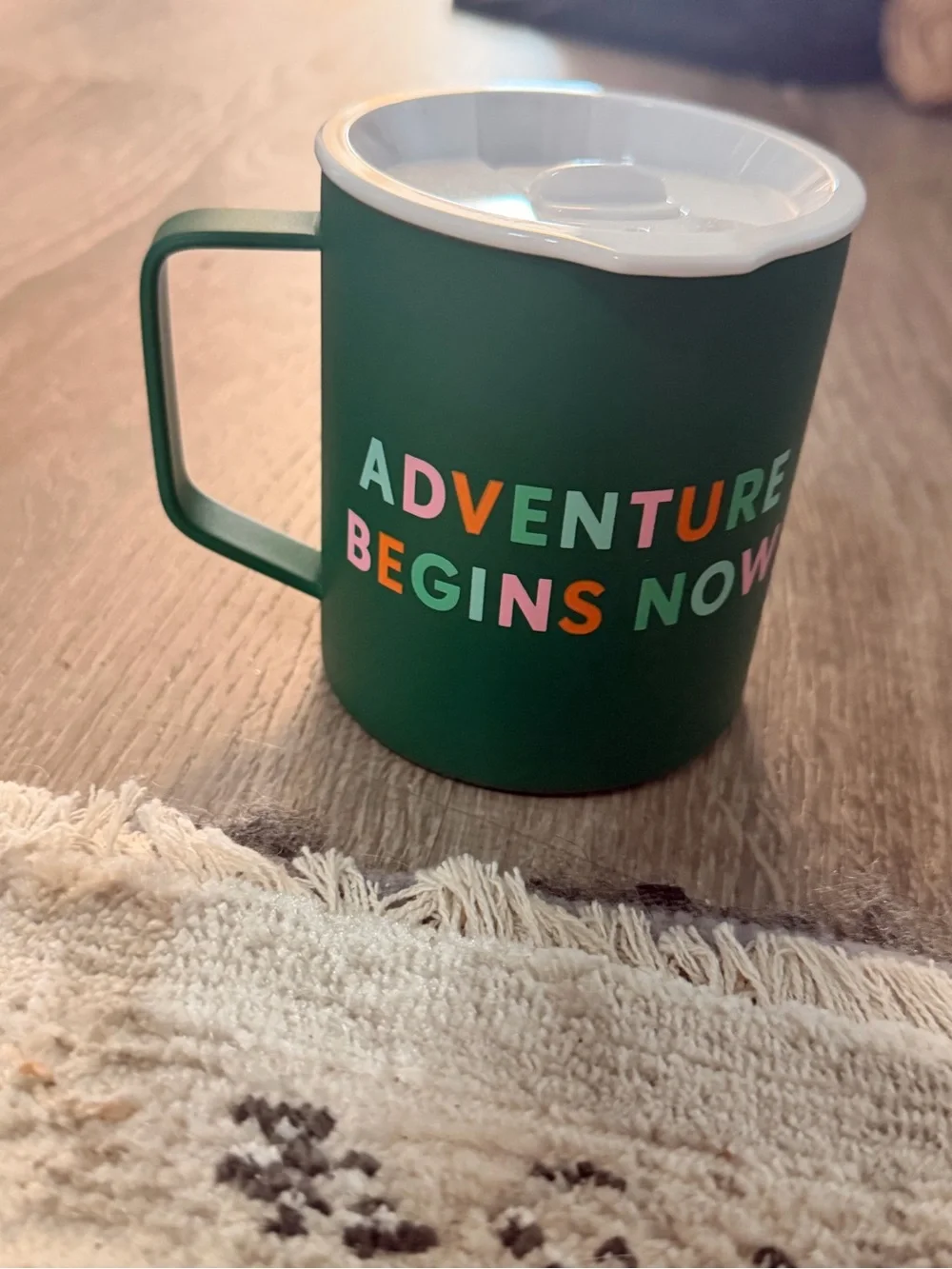 Green 'Adventure Begins Now' Travel Mug with Lid